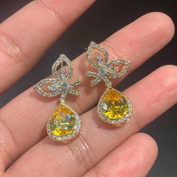 NEW Gold Diamond Butterfly Teardrop Citrine Halo Earrings - Picture 8 of 10